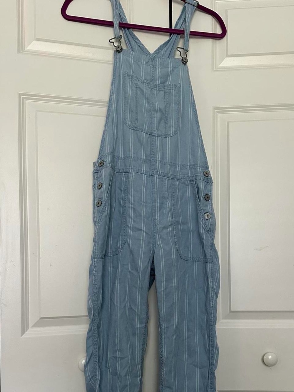 American Eagle Outfitters Light Blue Striped Denim Overalls